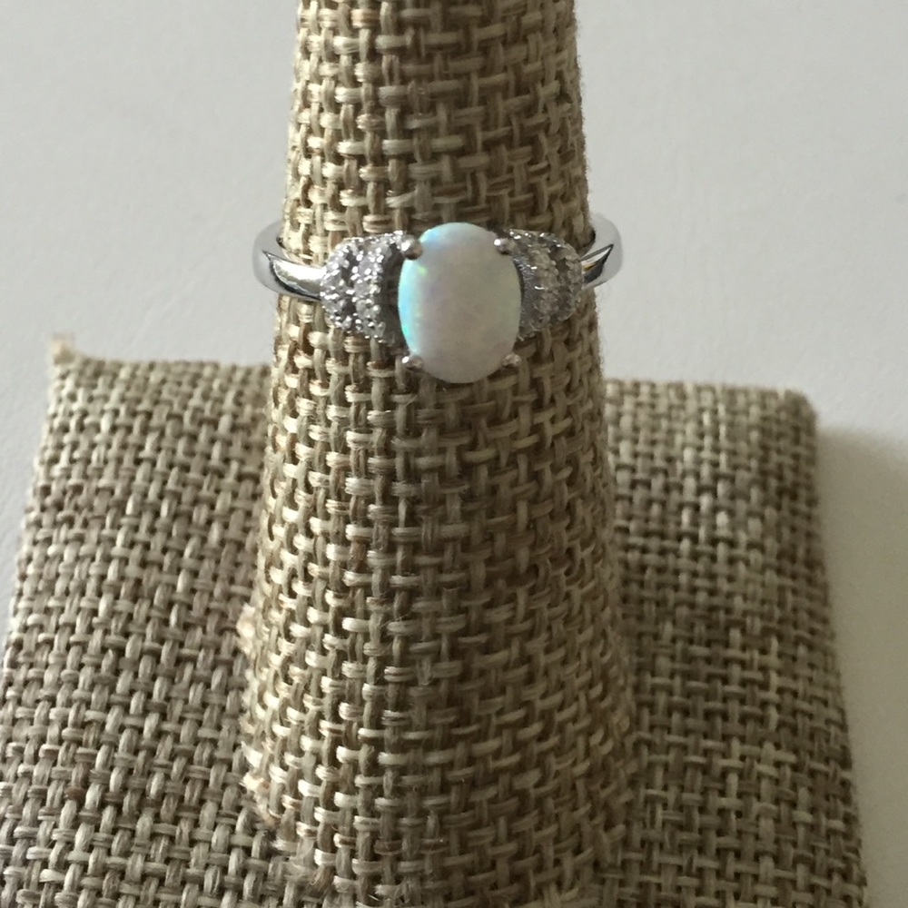 Elegant Lab Opal Stone with CZ Ring Silver 925